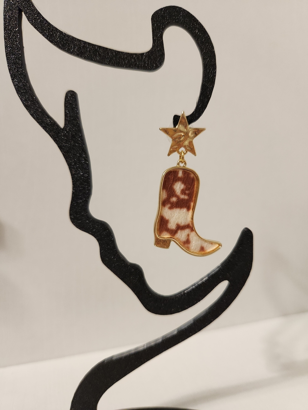 Gold Cowboy Boot Star Drop Earring - Brown and White